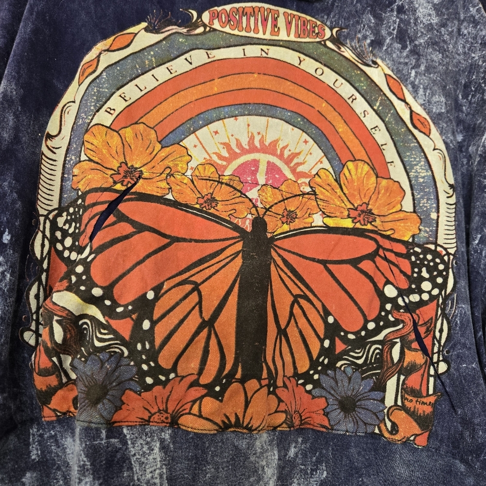 NWOT Kathmandu Imports Cropped Hoodie Butterfly Positive Vibes Blue Orange Top L - Picture 2 of 10